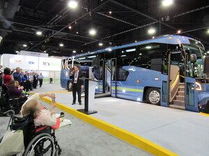 Breakthrough in commuter rider ADA accessibility with MCI (Motor Coach Industries) all-new D45 CRT LE for public transit; all-electric coming in 2020