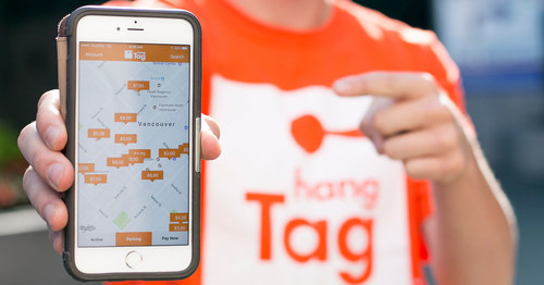 The new hangTag parking app deployed at Impark locations allows users to search for parking locations on a map, and buy a parking session. (CNW Group/Impark)