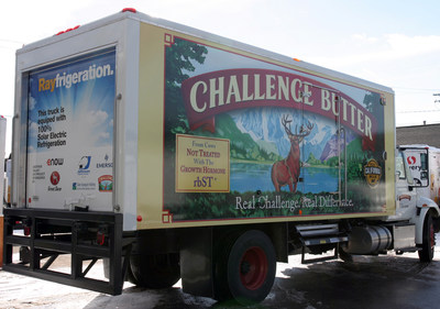 This Challenge Dairy refrigerated delivery truck is equipped with eNow's 'Rayfrigeration' solar system (solar panels are located on the vehicle's roof). Solar energy powers the refrigeration unit during the truck's daily delivery cycle.