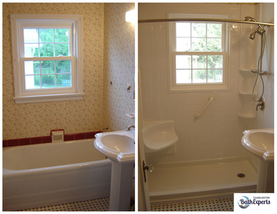 A before and after image of a Charleston Bath Experts (CBE) shower installation. Infused into all of CBE’s bathtub and shower offerings, Microban is designed to inhibit the growth of mildew and mold and helps tubs and showers stay cleaner and fresher for longer, reducing the environmental impact caused by more frequent cleaning.