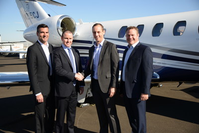 Executives from OneJet and Textron Aviation in front of Cessna Citation CJ4. OneJet will add the aircraft to its fleet in 2018. From left to right: John Blatchley, Regional Sales Director, Textron Aviation; Matthew Maguire, CEO, OneJet; Rob Scholl, SVP of Sales & Marketing, Textron Aviation; and Steve Schatzman, VP of Pre-Owned Aircraft, Textron Aviation.