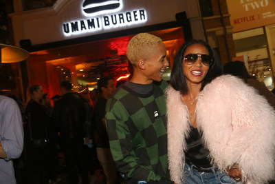 Jaden Smith and Jada Pinkett Smith attend the Umami Burger x Jaden Smith Artist Series Launch Event at The Grove on October 11, 2017 in Los Angeles, California.