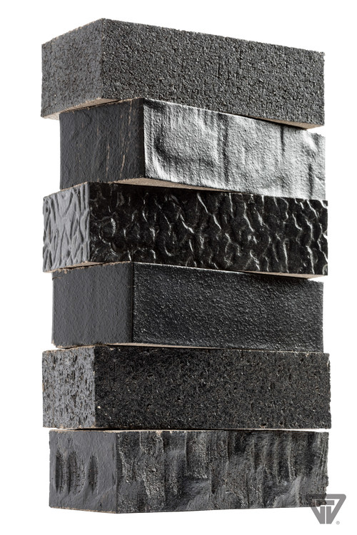 With six total surface texture options, the product offering from Glen-Gery's Hanley Plant is one of the most diverse in the industry, offering the the utmost design flexibility.   A different texture has been applied to the same product: Black Pearl. Textures from top to bottom are: wirecut, stone rolled, warble, smooth, rough and craftsman.