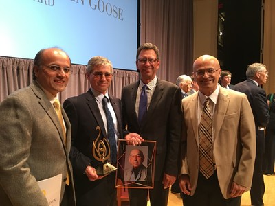 At the 2017 Golden Goose Award Ceremony, from eft to right: Dr. Saied Tadayon (CTO of ZAC), Prof. David Culler (Interim Dean of Data Sciences, U.C. Berkeley) accepting the award on behalf of Prof. Zadeh, Mr. Frank Sesno (Director of School of Media and Public Affairs, George Washington University, and former CNN anchor) acting as the master of ceremony, and Dr. Bijan Tadayon (CEO of ZAC).