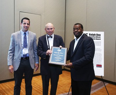 Securitas Mobile Security Officer Marcus Johnson (right) received the Ralph Day Security Officer of the Year Award from the ASIS Security Services Council in recognition of his heroic actions while on duty. Also pictured (left to right),  Vice President Blair Brownyard and President Bruce Brownyard of Brownyard Programs which sponsors the award.