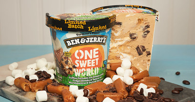 Ben & Jerry's One Sweet World is a delicious blend of coffee caramel ice cream with swirls of marshmallow and salted caramel with chocolaty chunks.
