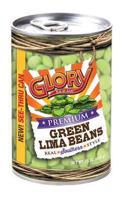 New Glory Farms Premium Slow-Cooked Vegetables in a category first, "See-Thru" can. Available in seven varieties.