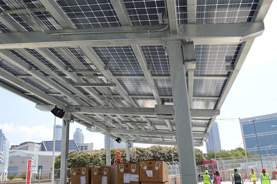 Georgia Power’s solar project at Mercedes-Benz Stadium includes three phases with arrays over several parking areas and entry gates. Photo credit: Georgia Power
