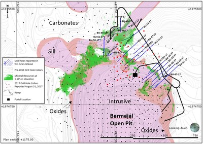 Figure 1: Plan View Map of Bermejal Area Showing Geology, Drill Holes Reported and Outline of Bermejal Underground Resource at 1,175 metres elevation (CNW Group/Leagold Mining Corporation)
