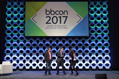 Blackbaud Chief Products Officer Kevin McDearis and CTO Mary Beth Westmoreland, and Microsoft's General Manager of Tech for Social Impact Justin Spelhaug announce newly expanded partnership for nonprofits at bbcon 2017.
