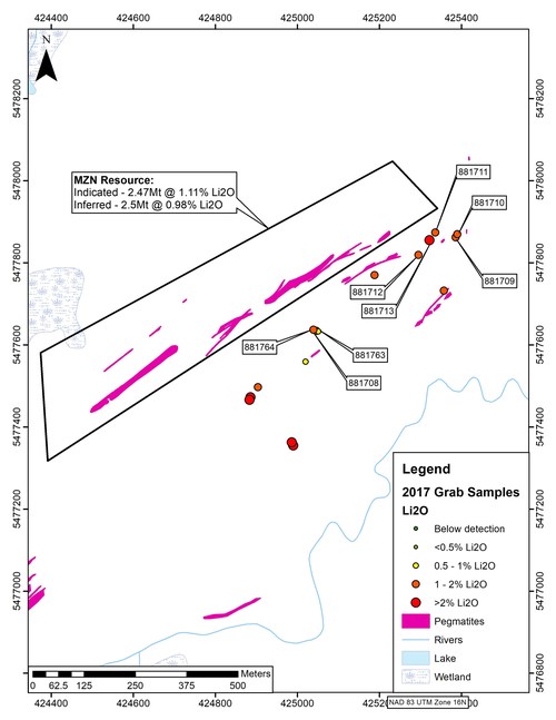 Figure 1 - Sample locations related to new discoveries adjacent to main resource zone. (CNW Group/Rock Tech Lithium Inc.)