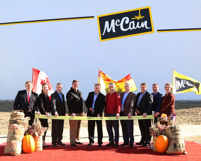 McCain Foods marks 60th business anniversary with official opening of new $65M production line expansion in Florenceville, NB. From left to right: Hon. Andrew Harvey, New Brunswick Minister of Agriculture, Mines and Rural Affairs,  Andrea Davis, Director Government and Public Relations at McCain Foods Canada; Shai Altman, President of McCain Foods Canada; Jeff Delapp, President, North America, McCain Foods Limited;  Marc Kilfoil, Plant Manager McCain Foods Canada;  Allison McCain, Chairman, McCain Foods Limited; Dale McCarthy, Vice President Integrated Supply Chain, McCain Foods Limited; Germain Pinette, Manufacturing Director,  McCain Foods Canada; ; TJ Harvey, M.P. for Tobique-Mactaquac; Nancy Whyte-McCauley, Deputy Mayor, Florenceville-Bristol. (CNW Group/McCain Foods (Canada))