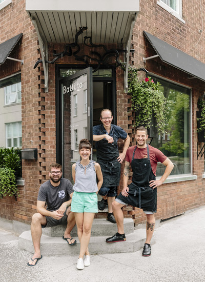 Battuto staff, L to R: Pascal Bussieres (sommelier and partner), Amelie Pruneau (server), Paul Croteau (Pastry Chef and partner), Chef Guillaume St-Pierre outside Battuto (PHOTO CREDIT: ALANNA HALE) (CNW Group/Air Canada)