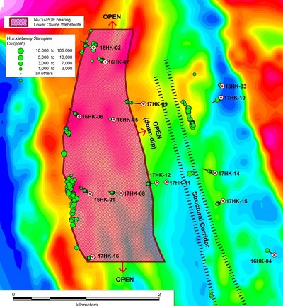 Map showing surface expression of the Ni-Cu-PGE mineralized Lower Olivine Websterite. The zone measures approximately 3,200m x 1200 and ranges increases in thickness from approximately 10 metres near surface to over 30 meters in drill-hole 17HK-12. The mineralized zone remains open in three directions. (CNW Group/Northern Shield Resources Inc.)