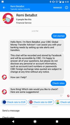 Remi, CIBC’s first digital assistant, sets up foreign exchange alerts for sending money abroad (CNW Group/CIBC)