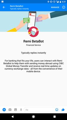 CIBC’s Remi bot makes it easier for clients to send money overseas through Facebook Messenger (CNW Group/CIBC)