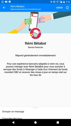 La Banque CIBC lance Rémi, un assistant numérique qui aide les clients à suivre les taux de change et à envoyer aisément de l'argent à l'étranger en utilisant Messenger