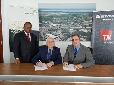 From left to right: Saint-Laurent Borough Mayor Alan DeSousa, Mr. Pierre Lapointe; President and Chief Executive Officer of FPInnovations; Mr. Mario Monette, President and CEO of Technoparc Montréal (CNW Group/Technoparc Montréal)
