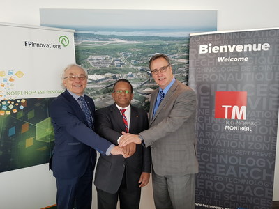 From left to right: Mr. Pierre Lapointe, President and Chief Executive Officer of FPInnovations; Saint-Laurent Borough Mayor Alan DeSousa; Mr. Mario Monette, President and CEO of Technoparc Montréal (CNW Group/Technoparc Montréal)