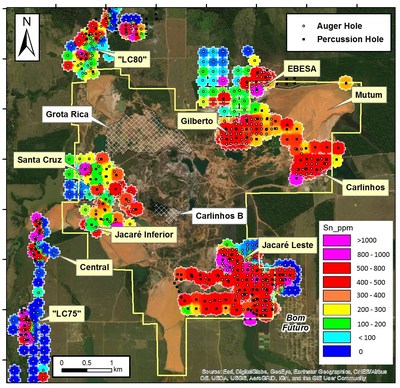 Figure 1: Gridded assay data from auger and percussion program drilling program. Areas yet to be drilled include the newly allocated areas at Grota Richa and Carlinhos B (illustrated with hatching), and parts of the Jacaré Inferior and Mutum basins which are water-covered. (CNW Group/Meridian Mining S.E.)