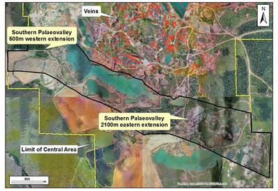 Figure 2: Newly allocated palaeovalley trend (hatched area), south of the ring-vein system on centred on the Bom Futuro Hill. (CNW Group/Meridian Mining S.E.)