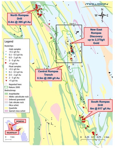 Figure 1: The Rompas and East Rompas mineralization trends. (CNW Group/Mawson Resources Ltd.)
