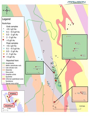 Figure 2: The East Rompas mineralization trend with location of grab sample and gold assays. (CNW Group/Mawson Resources Ltd.)