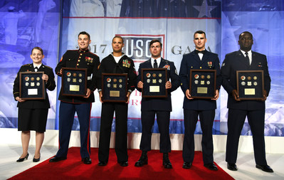 From left to right, USO Service Members of the Year Sgt. Sara Anne Cerne (Soldier), Cpl. Justin C. Ahasteen (Marine), Petty Officer 3rd Class Terence J. Parsons (Sailor), Staff Sgt. Richard Brandon Hunter (Airman), Petty Officer 3rd Class Keith A. Coddington (Coast Guardsman) and Senior Airman Leroy Manigault, Jr. (National Guardsman) pose with their awards at the conclusion of the 2017 USO Gala on October 19 in Washington, D.C.  USO Photo by Mike Theiler