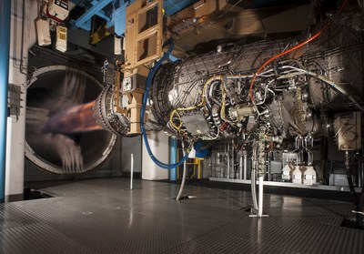 A Pratt & Whitney F135 engine, used to power the F-35 Lightning II fighter aircraft, undergoes testing at Arnold Air Force Base in Tullahoma, Tenn.