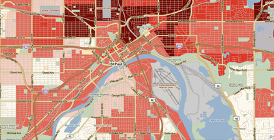 This image, created through The Place Database by the Lincoln Institute of Land Policy and PolicyMap, depicts housing affordability in Saint Paul, Minnesota.