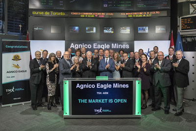 Sean Boyd, Vice-Chair & CEO, Agnico Eagle Mines Limited (AEM), joined Lou Eccleston, CEO, TMX Group, to open the market to celebrate 60 years listed on Toronto Stock Exchange. Agnico Eagle is a senior Canadian gold mining company that has produced precious metals since 1957.  Its eight mines are located in Canada, Finland and Mexico, with exploration and development activities in each of these countries as well as in the United States and Sweden. Agnico Eagle Mines Limited commenced trading on Toronto Stock Exchange on December 27, 1957. (CNW Group/TMX Group Limited)