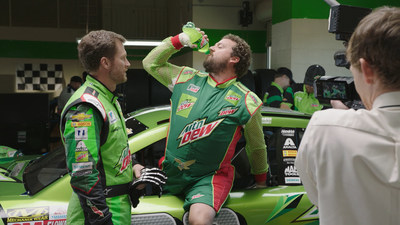 Danny McBride and Dale Earnhardt Jr. on the set of the Mountain Dew brand's Dewey Ryder TV commercial shoot