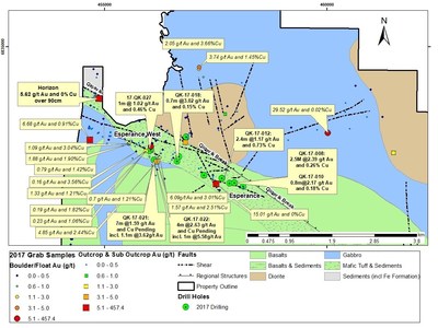 Figure 2: Esperance and Esperance West Areas: Drill Hole Locations and Significant Surface Samples from the 2017 program (CNW Group/Orford Mining Corporation)