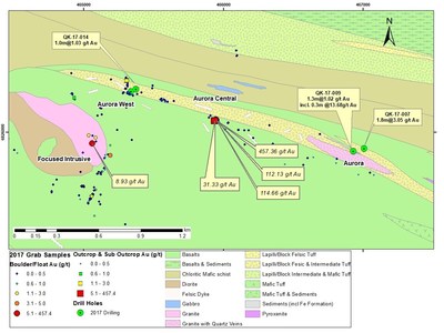 Figure 3: Aurora and Aurora West Areas 2017 Drill Hole Locations and Significant Surface Samples (CNW Group/Orford Mining Corporation)