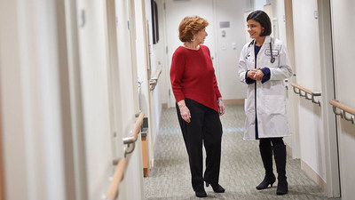 Leena Gandhi, MD, PhD, director of thoracic medical oncology at NYU Langone Health's Perlmutter Cancer Center, sees patients at Perlmutter's new Lung Cancer Center.
