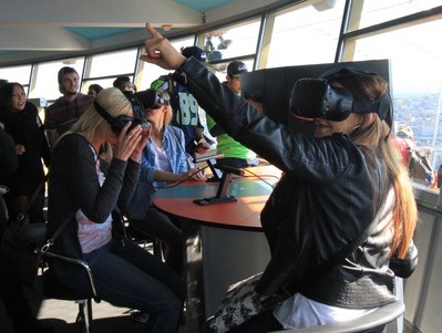 Guests try out the Space Needle’s new VR experiences on the Observation Deck. The VR Bar was designed and installed by Graffix.