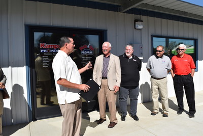 (L to R) Jurupa Valley Mayor Verne Lauritzen welcomes Kamps Propane founder John Kamps, Kamps Propane VP Tim Blankenheim and Pick Up Propane VP Joe Gulp.