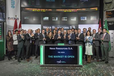 Jones Belther, Senior VP, Mineral Explorations and Technology, Nexa Resources S.A. (NEXA), joined Nick Thadaney, President and CEO, Global Equity Capital Markets, TMX Group, to open the market. Nexa Resources S.A. is a global zinc producer with over 60 years of experience developing and operating mining assets in Latin America. Nexa operates and owns five long-life underground mines, three located in the Central Andes of Peru and two located in the state of Minas Gerais in Brazil. Nexa Resources S.A. commenced trading on Toronto Stock Exchange on October 27, 2017. (CNW Group/TMX Group Limited)