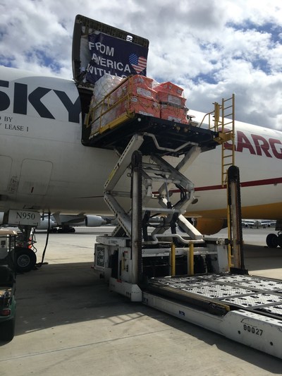 Medicines and medical supplies are loaded onto an airlift in Miami Friday, bound for Puerto Rico.