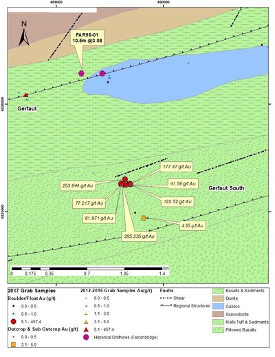 Figure 5: Gerfaut Area 2017 Significant Surface Samples (CNW Group/RNC Minerals)
