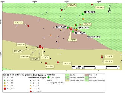 Figure 4: Central Area 2017 Drill Hole Locations and Significant Surface Samples (CNW Group/RNC Minerals)