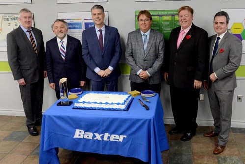 Celebrating Baxter's Excellence Canada recognition and 60 years of manufacturing in Alliston, Ontario. L to R: Stephen Thompson, President Baxter Canada; Allan Ebedes, CEO Excellence Canada; Joe Almeida, Baxter Chairman and CEO; Ken Cowan, Chief Station Engineer and Maintenance, Baxter Alliston Manufacturing; Rick Mine, Mayor, New Tecumseth; Trevor Dauphinee, Ontario Investment Office. (CNW Group/Baxter Corporation)