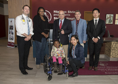 From left to right: Dr. Philippe Campeau, Mrs. Fraser (mother), Amaya, Dr. Reggie Hamdy, Dr. Dieter Reinhardt, Chae Syng (Jason) Lee, and Nissan Baratang (CNW Group/Shriners Hospitals For Children)