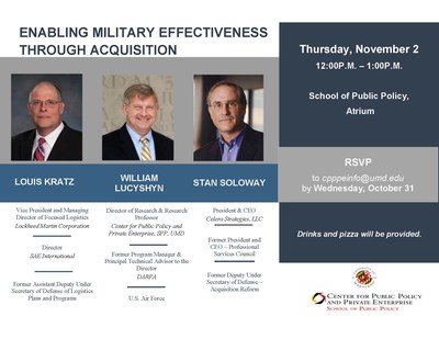 RSVP NOW for Nov 2 Fed Acq Reform Lunch Panel and Research Findings~ DoD Must Make its Process more Agile for Warfigther Requirements.   RSVP to cpppeinfo@umd.edu