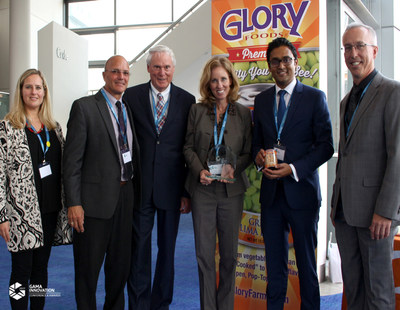 Glory Farms 'See-Thru' vegetable can wins 2017 Gama Innovation Award for Packaging at Gama awards ceremony in Manchester, England.  Pictured left to right: Silvia Ruiz, Innovation Director, Gama; Pat Coyne, President, Coyne & Co Brand Innovation; Marion Swink, Co-Owner, McCall Farms; Annie Ham, Marketing Director, McCall Farms; Cesar Pereira, Founder & CEO, Gama; Mark Nelson, Program Director - TruVue, Sonoco Plastics