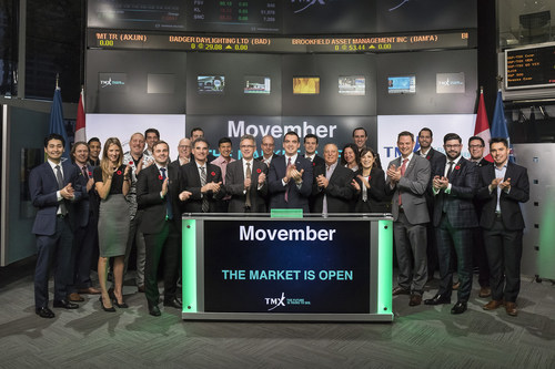Mo Bros and Mo Sistas joined Steven Mills, Regional Head, TSX Company Services, Toronto Stock Exchange and TSX Venture Exchange to open the market to launch Movember 2017. The annual campaign is the primary fundraiser for the Movember Foundation, a global men’s health charity. In 2016, Mo Bros and Mo Sistas from across Canada helped raise $80 million for the Movember Foundation. The funds are distributed to program partners, including Prostate Cancer Canada to support some of the biggest issues affecting men: prostate cancer, testicular cancer and mental health. Movember’s vision is to have an everlasting impact on the face of men’s health. (CNW Group/TMX Group Limited)