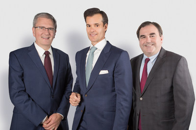 Concordia President Alan Shepard (left) with business leaders, philanthropists and campaign co-chairs Lino Saputo Jr. (centre) and Andrew Molson (right). (CNW Group/Concordia University)