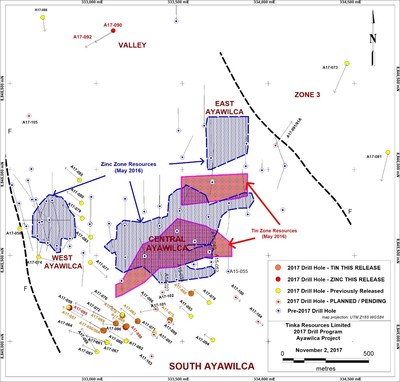 Figure 1. Ayawilca 2017 drill hole location map showing mineral resource boundaries (CNW Group/Tinka Resources Limited)