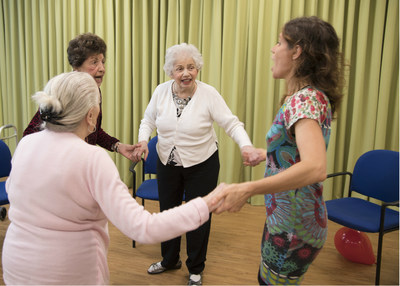 Clockwise from right: Dance therapist and member of Dr. Peter Davies’ team, Cecilia Fontanesi with The Bristal Assisted Living residents Berte Odnoposoff, Esther Feldman and Phyllis Roth participating in a dance therapy session.