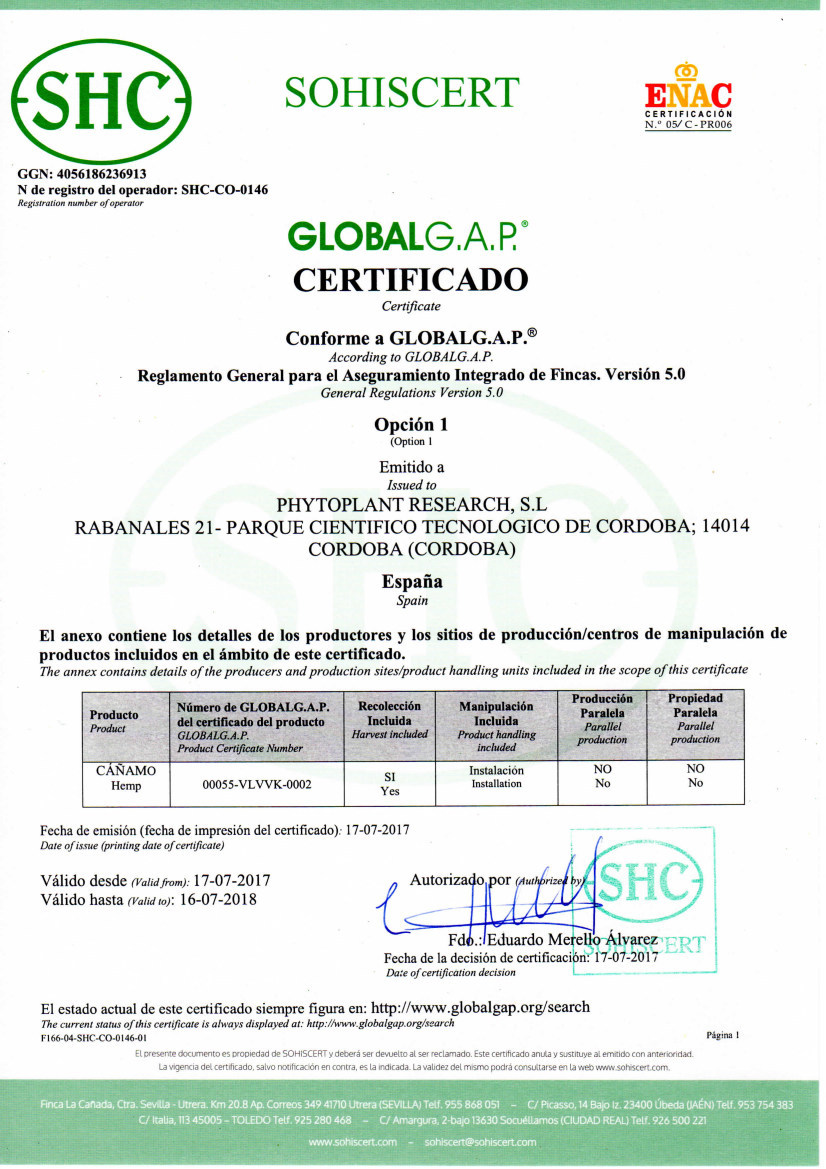 GlabalGAP certificate Phytoplant Research SL
